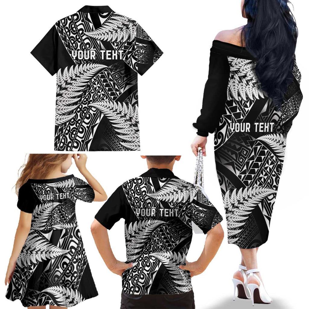 New Zealand Rugby Pacific Personalised Family Matching Off The Shoulder Long Sleeve Dress and Hawaiian Shirt All Black Maori Pasifika Fern Pattern