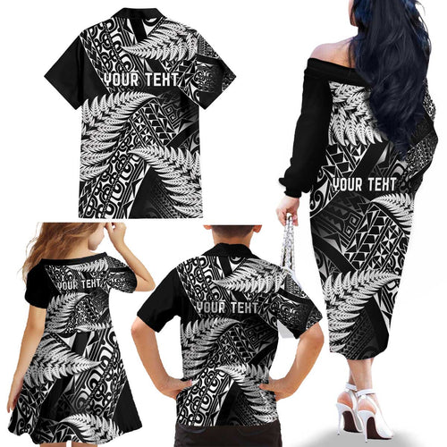 New Zealand Rugby Pacific Personalised Family Matching Off The Shoulder Long Sleeve Dress and Hawaiian Shirt All Black Maori Pasifika Fern Pattern