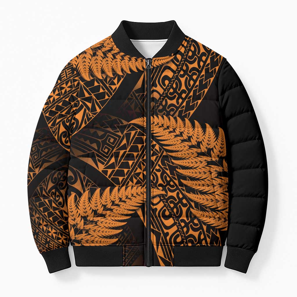New Zealand Rugby Pacific Personalised Bomber Puffer Jacket All Gold Maori Pasifika Fern Pattern - Aussie Hoodie
