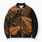 New Zealand Rugby Pacific Personalised Bomber Puffer Jacket All Gold Maori Pasifika Fern Pattern - Aussie Hoodie