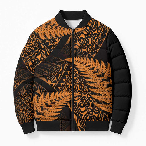 New Zealand Rugby Pacific Personalised Bomber Puffer Jacket All Gold Maori Pasifika Fern Pattern - Aussie Hoodie