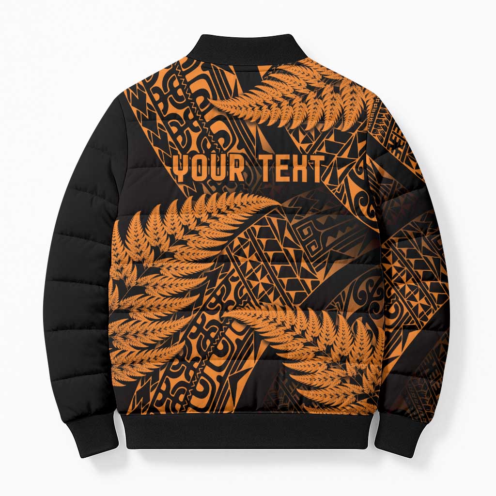 New Zealand Rugby Pacific Personalised Bomber Puffer Jacket All Gold Maori Pasifika Fern Pattern - Aussie Hoodie