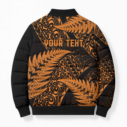 New Zealand Rugby Pacific Personalised Bomber Puffer Jacket All Gold Maori Pasifika Fern Pattern - Aussie Hoodie