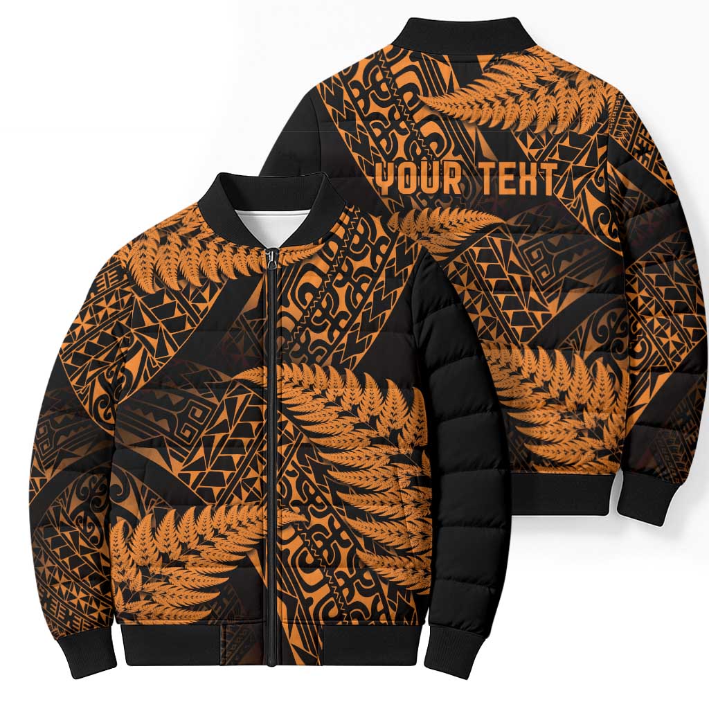 New Zealand Rugby Pacific Personalised Bomber Puffer Jacket All Gold Maori Pasifika Fern Pattern - Aussie Hoodie