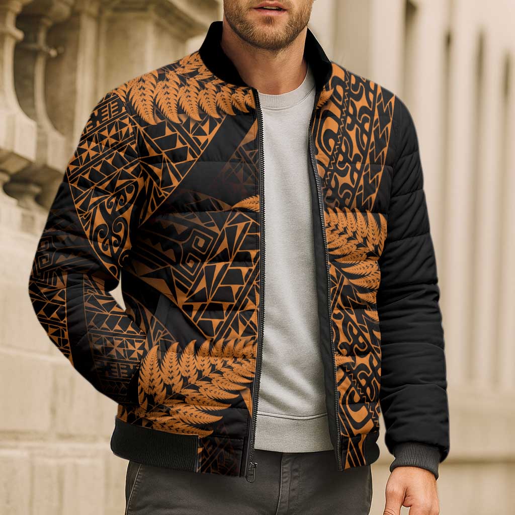 New Zealand Rugby Pacific Personalised Bomber Puffer Jacket All Gold Maori Pasifika Fern Pattern - Aussie Hoodie