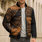 New Zealand Rugby Pacific Personalised Bomber Puffer Jacket All Gold Maori Pasifika Fern Pattern - Aussie Hoodie