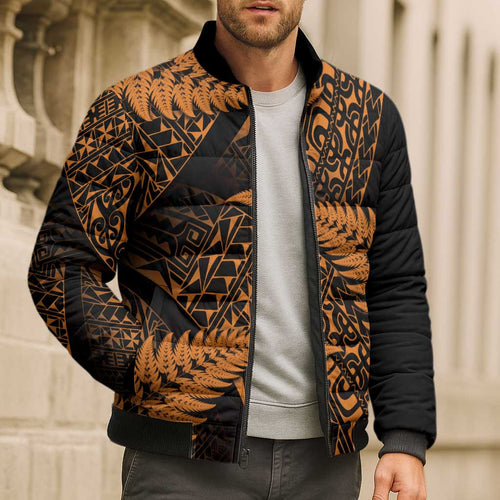 New Zealand Rugby Pacific Personalised Bomber Puffer Jacket All Gold Maori Pasifika Fern Pattern - Aussie Hoodie