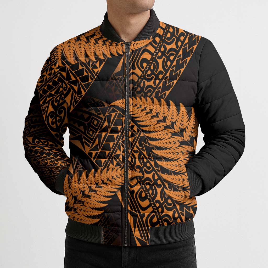 New Zealand Rugby Pacific Personalised Bomber Puffer Jacket All Gold Maori Pasifika Fern Pattern - Aussie Hoodie