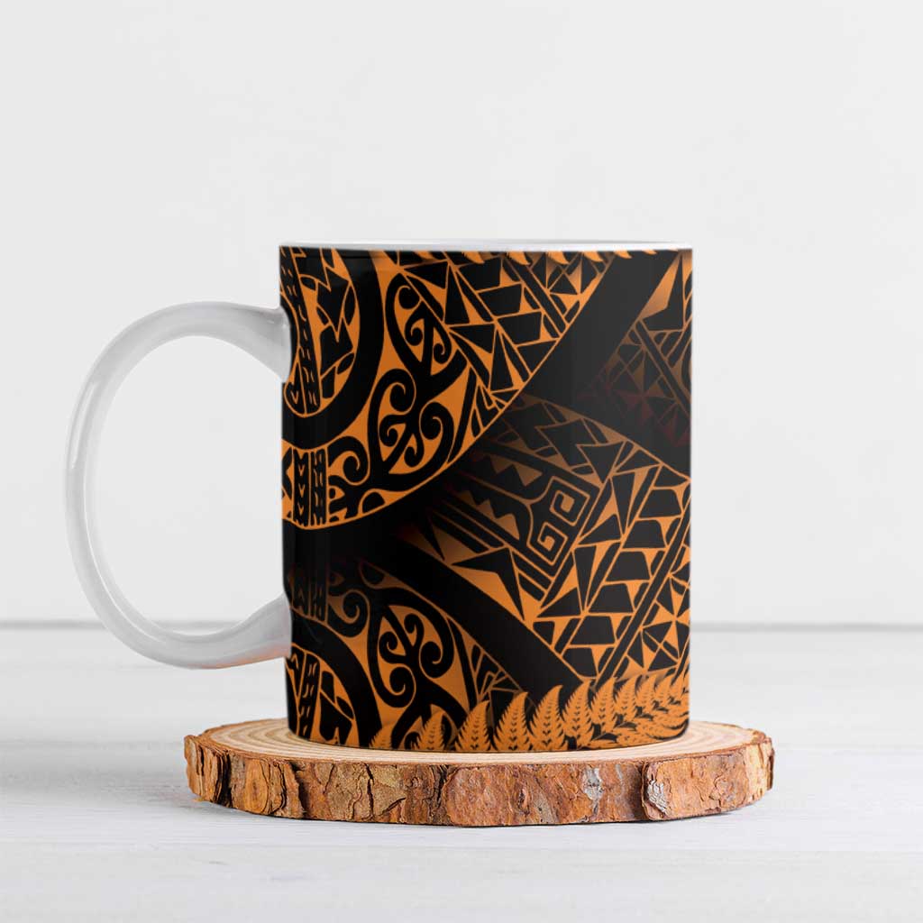 New Zealand Rugby Pacific Personalised Ceramic Mug All Gold Maori Pasifika Fern Pattern - Aussie Hoodie