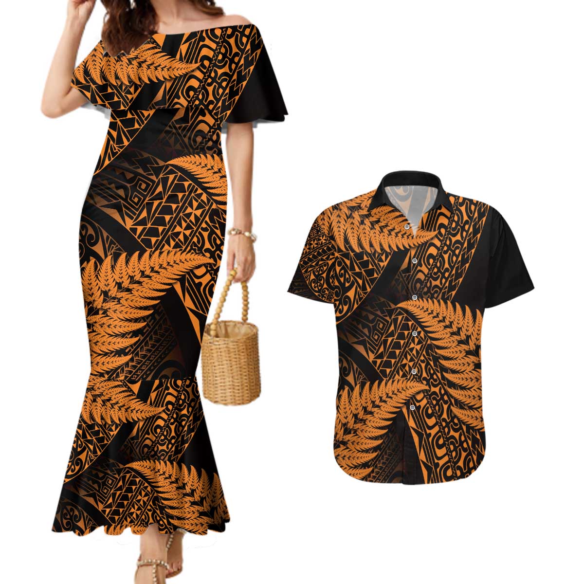 New Zealand Rugby Pacific Personalised Couples Matching Mermaid Dress and Hawaiian Shirt All Gold Maori Pasifika Fern Pattern