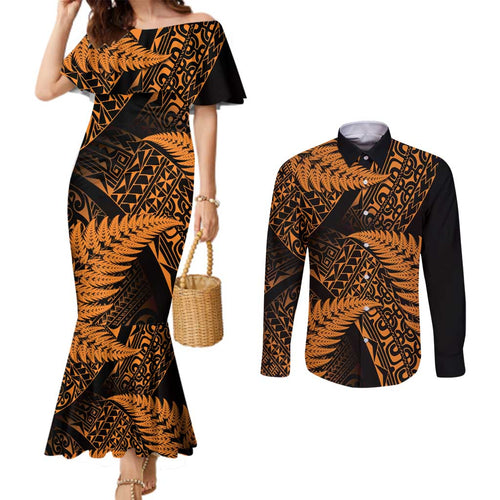 New Zealand Rugby Pacific Personalised Couples Matching Mermaid Dress and Long Sleeve Button Shirt All Gold Maori Pasifika Fern Pattern