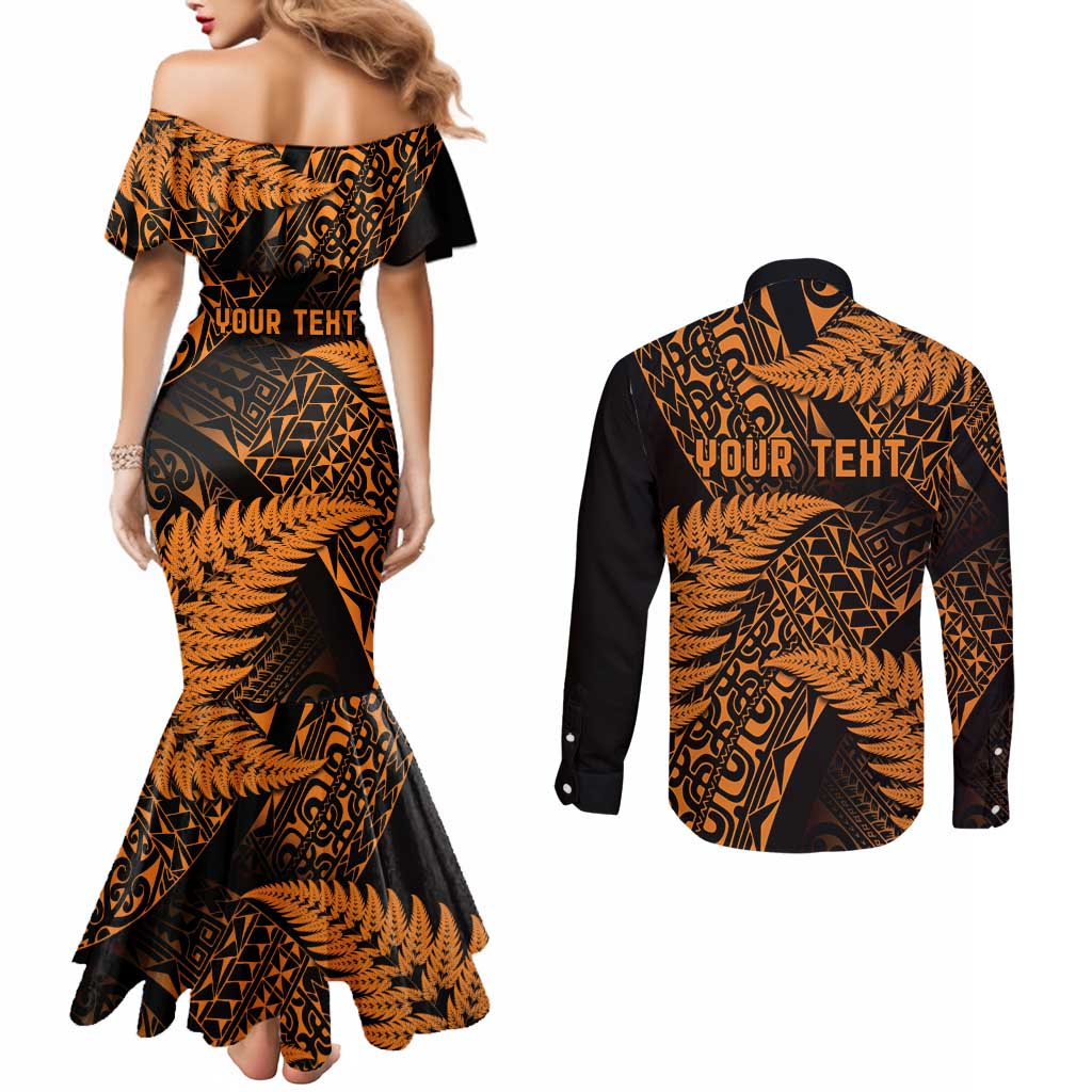 New Zealand Rugby Pacific Personalised Couples Matching Mermaid Dress and Long Sleeve Button Shirt All Gold Maori Pasifika Fern Pattern