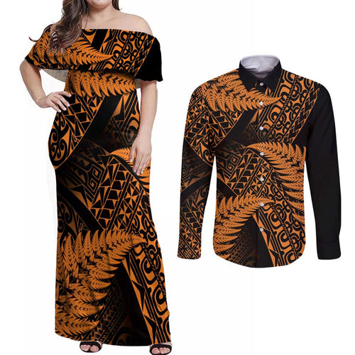 New Zealand Rugby Pacific Personalised Couples Matching Off Shoulder Maxi Dress and Long Sleeve Button Shirt All Gold Maori Pasifika Fern Pattern