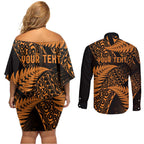 New Zealand Rugby Pacific Personalised Couples Matching Off Shoulder Short Dress and Long Sleeve Button Shirt All Gold Maori Pasifika Fern Pattern