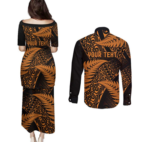 New Zealand Rugby Pacific Personalised Couples Matching Puletasi and Long Sleeve Button Shirt All Gold Maori Pasifika Fern Pattern