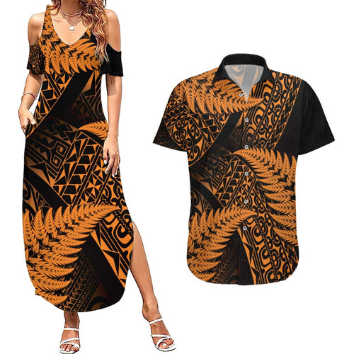 New Zealand Rugby Pacific Personalised Couples Matching Summer Maxi Dress and Hawaiian Shirt All Gold Maori Pasifika Fern Pattern
