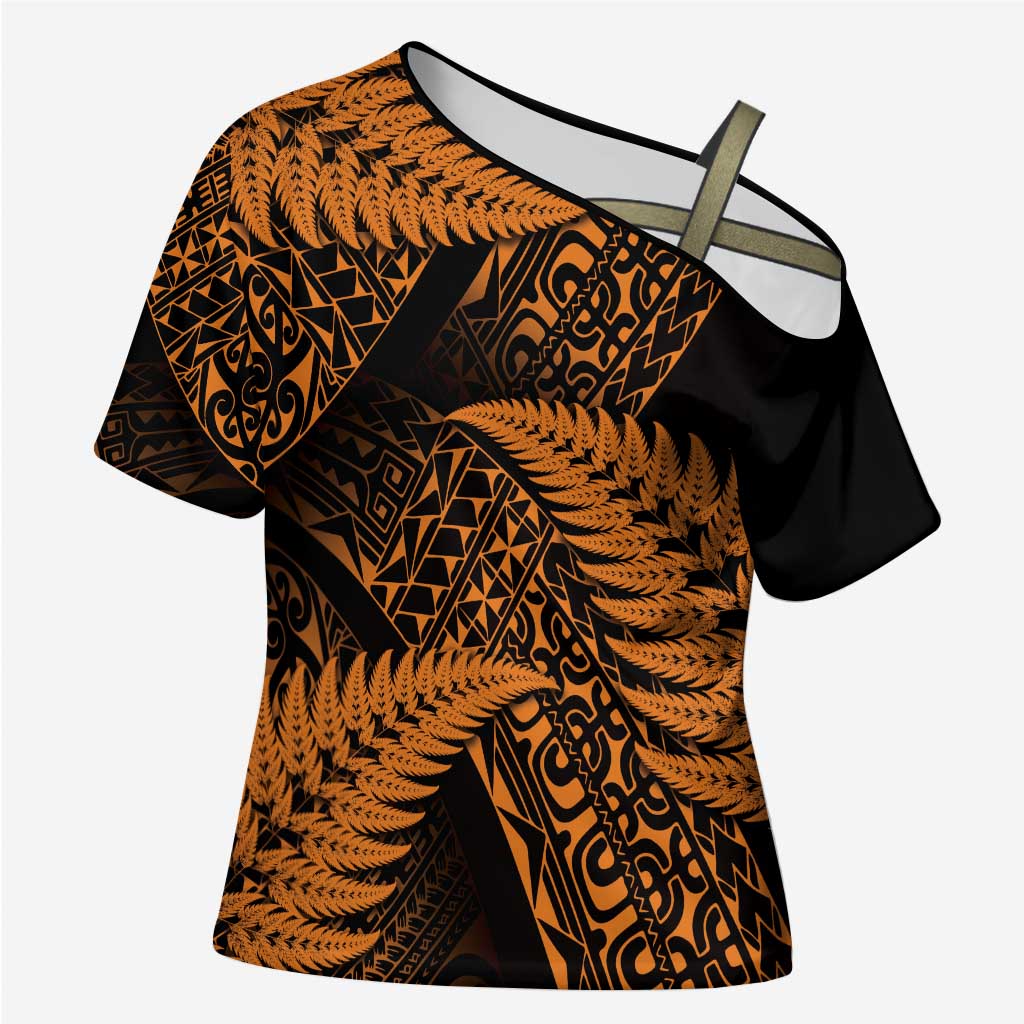 New Zealand Rugby Pacific Personalised Cross Shoulder Shirt All Gold Maori Pasifika Fern Pattern - Aussie Hoodie