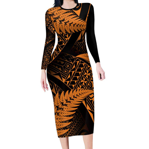 New Zealand Rugby Pacific Personalised Family Matching Long Sleeve Bodycon Dress and Hawaiian Shirt All Gold Maori Pasifika Fern Pattern