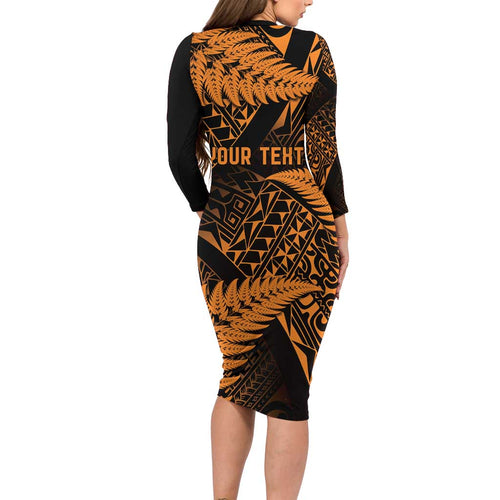 New Zealand Rugby Pacific Personalised Family Matching Long Sleeve Bodycon Dress and Hawaiian Shirt All Gold Maori Pasifika Fern Pattern