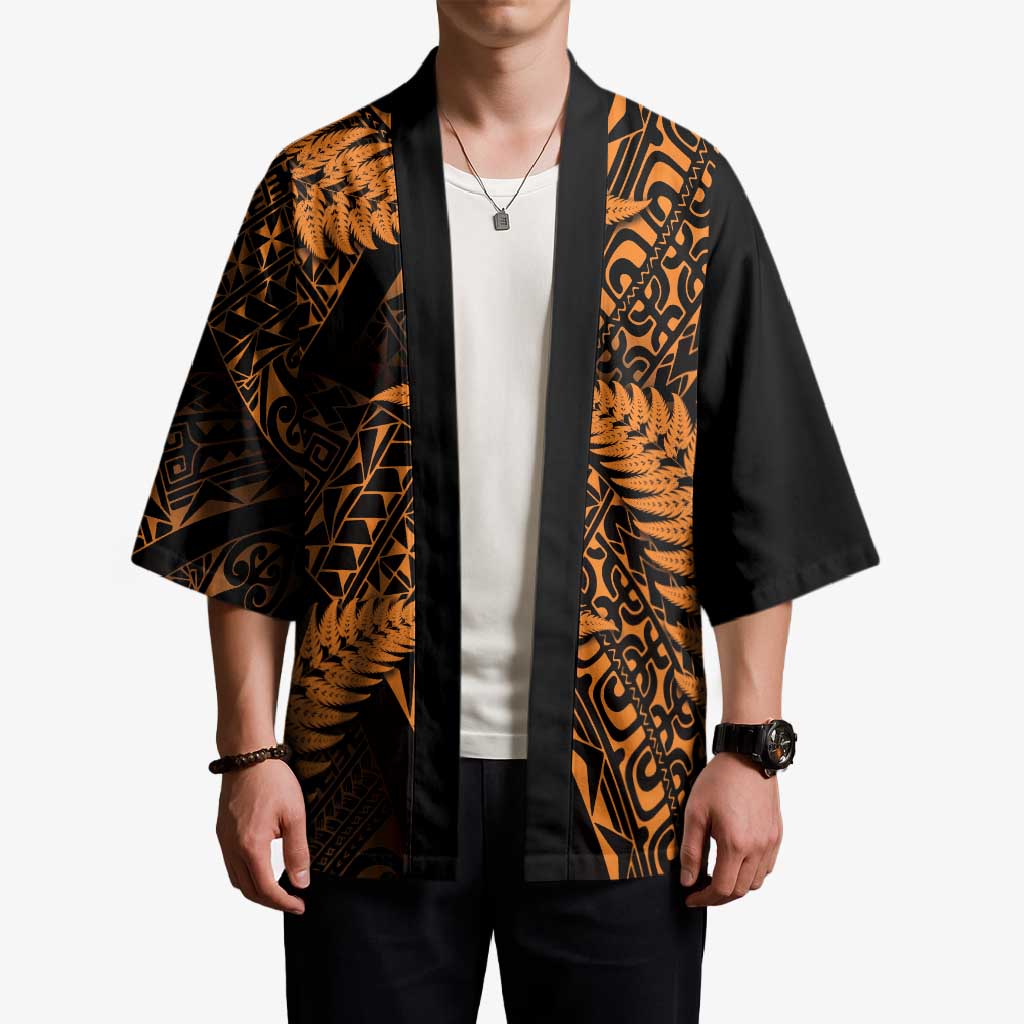 New Zealand Rugby Pacific Personalised Kimono All Gold Maori Pasifika Fern Pattern - Aussie Hoodie