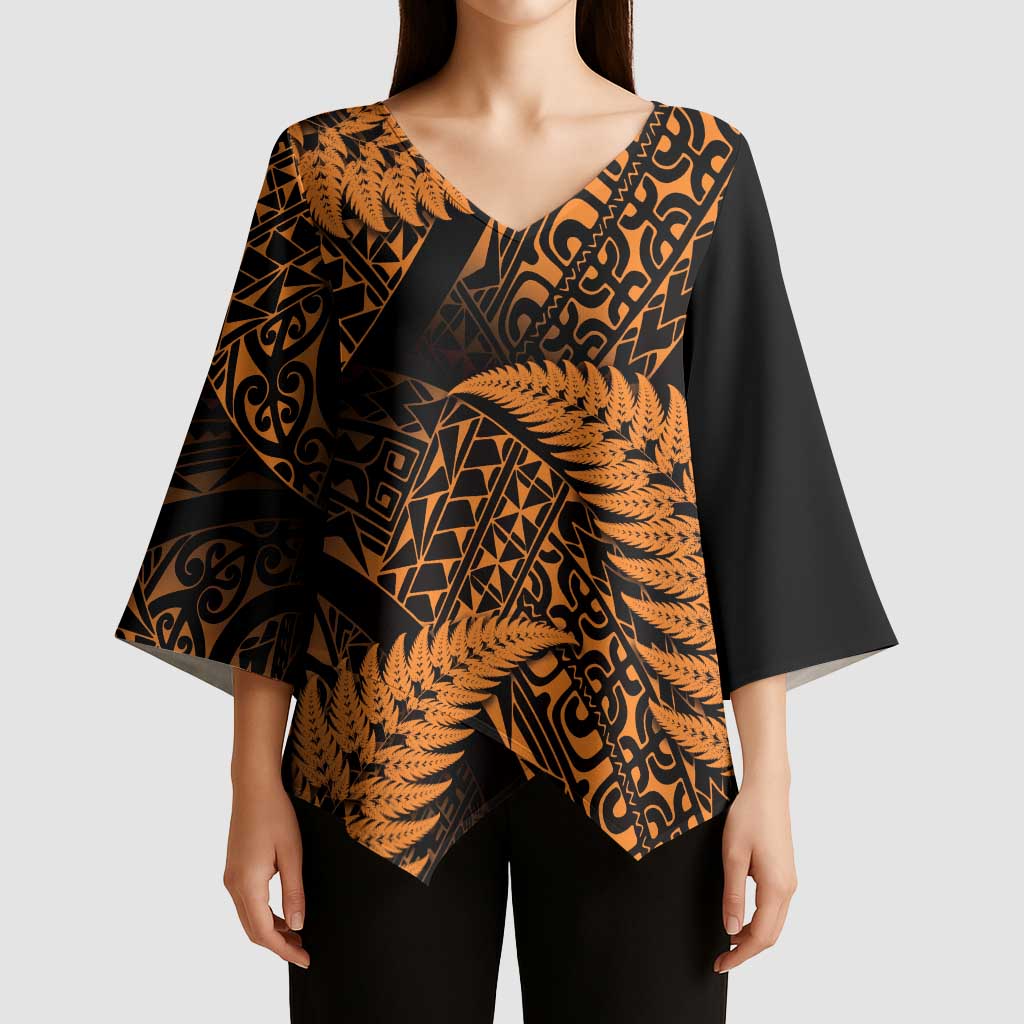 New Zealand Rugby Pacific Personalised Kimono Sleeve Blouse All Gold Maori Pasifika Fern Pattern - Aussie Hoodie