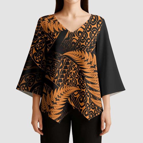 New Zealand Rugby Pacific Personalised Kimono Sleeve Blouse All Gold Maori Pasifika Fern Pattern - Aussie Hoodie