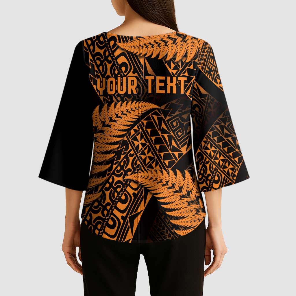 New Zealand Rugby Pacific Personalised Kimono Sleeve Blouse All Gold Maori Pasifika Fern Pattern - Aussie Hoodie