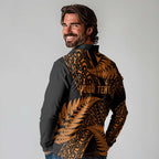 New Zealand Rugby Pacific Personalised Long Sleeve Polo Shirt All Gold Maori Pasifika Fern Pattern
