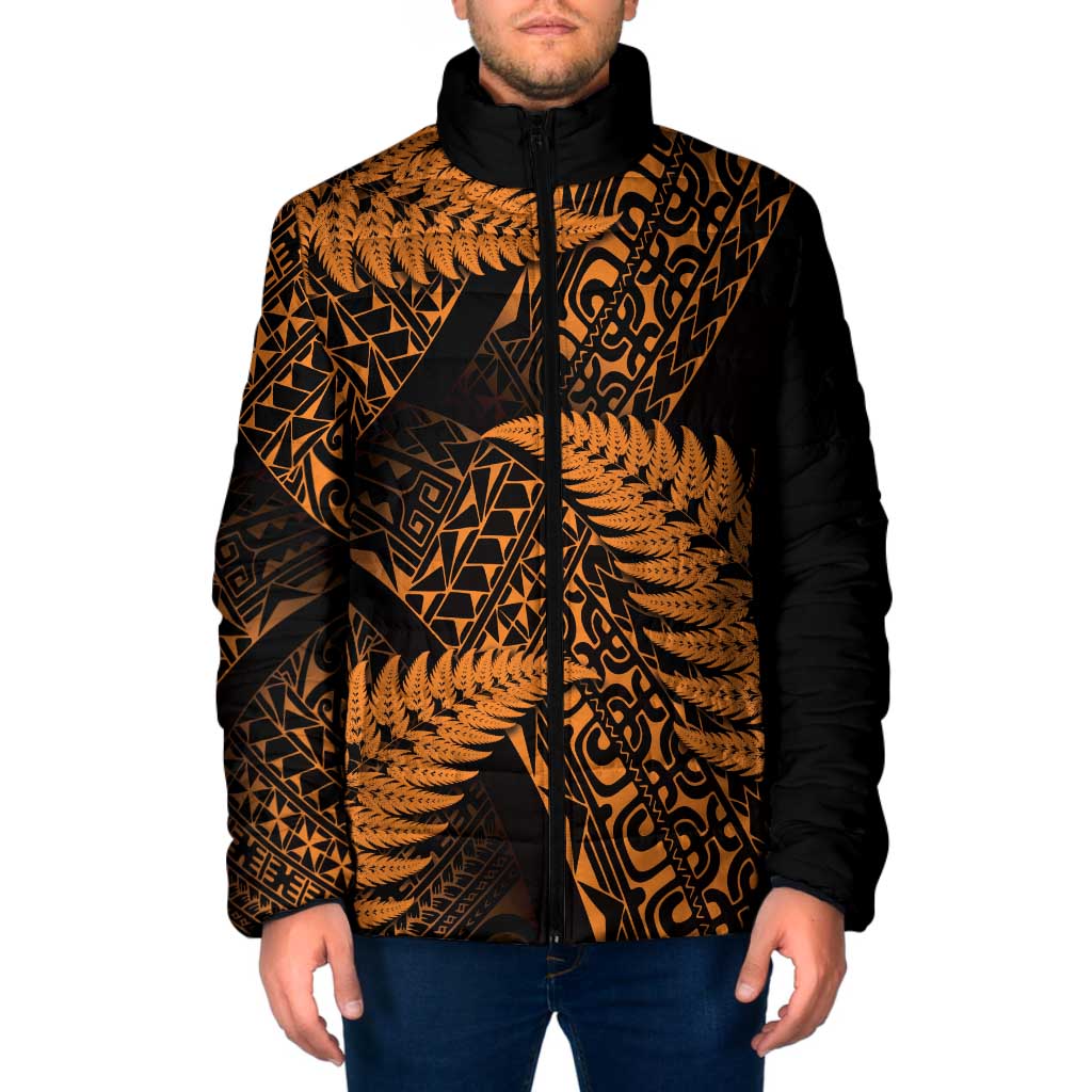 New Zealand Rugby Pacific Personalised Padded Jacket All Gold Maori Pasifika Fern Pattern - Aussie Hoodie