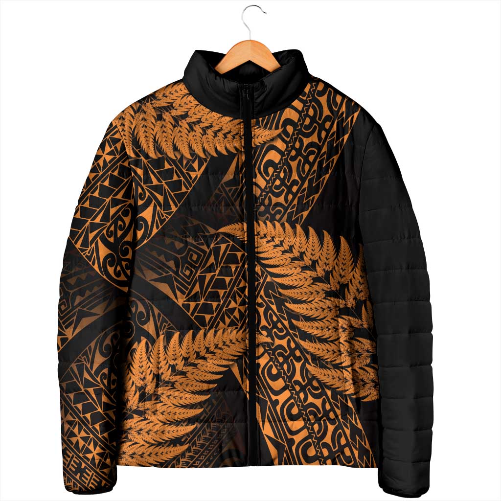 New Zealand Rugby Pacific Personalised Padded Jacket All Gold Maori Pasifika Fern Pattern - Aussie Hoodie