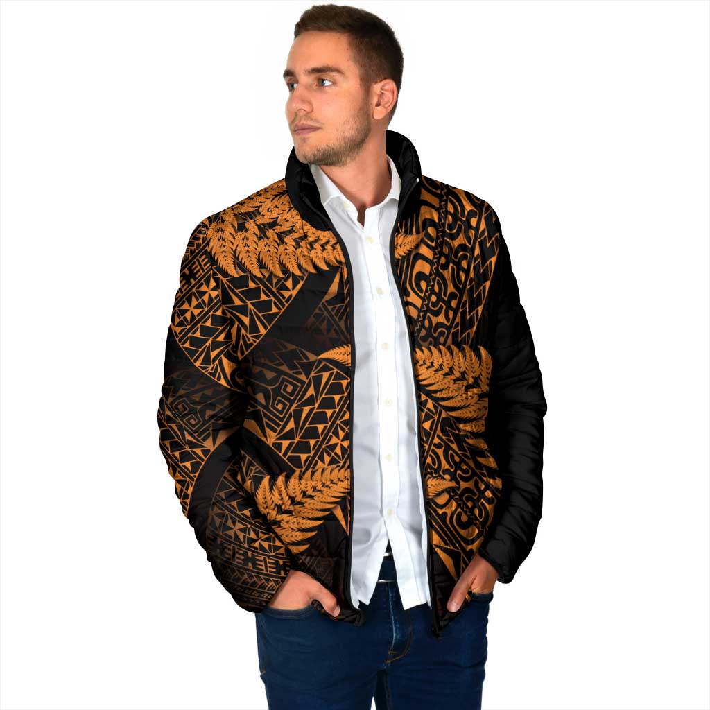 New Zealand Rugby Pacific Personalised Padded Jacket All Gold Maori Pasifika Fern Pattern - Aussie Hoodie