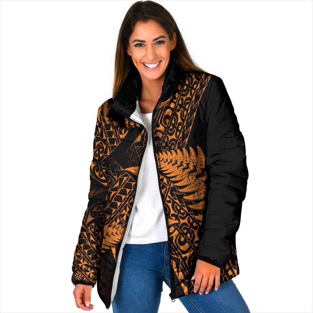 New Zealand Rugby Pacific Personalised Padded Jacket All Gold Maori Pasifika Fern Pattern - Aussie Hoodie