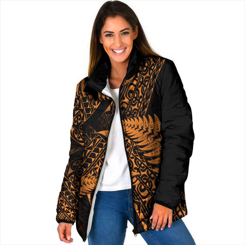 New Zealand Rugby Pacific Personalised Padded Jacket All Gold Maori Pasifika Fern Pattern - Aussie Hoodie