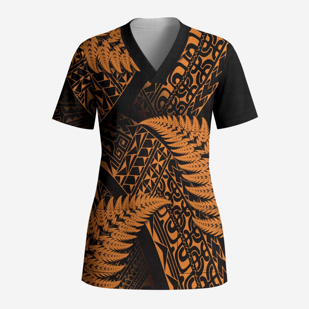 New Zealand Rugby Pacific Personalised Scrub Top All Gold Maori Pasifika Fern Pattern - Aussie Hoodie
