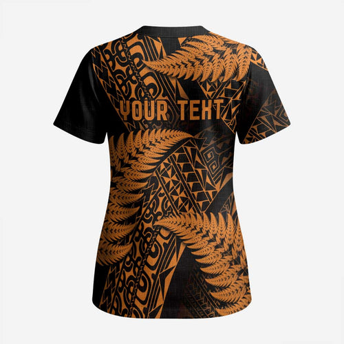 New Zealand Rugby Pacific Personalised Scrub Top All Gold Maori Pasifika Fern Pattern - Aussie Hoodie
