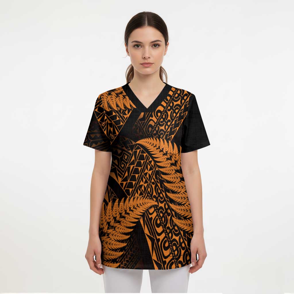 New Zealand Rugby Pacific Personalised Scrub Top All Gold Maori Pasifika Fern Pattern - Aussie Hoodie