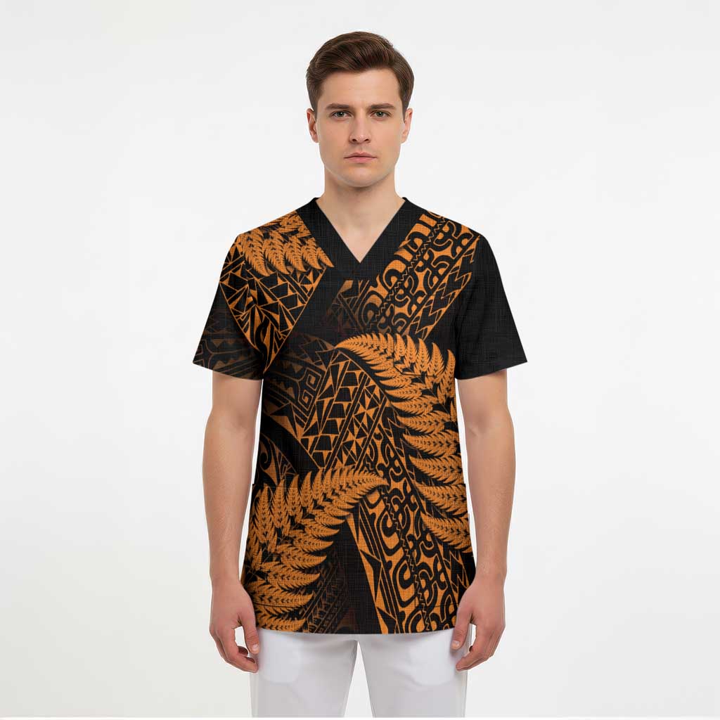New Zealand Rugby Pacific Personalised Scrub Top All Gold Maori Pasifika Fern Pattern - Aussie Hoodie
