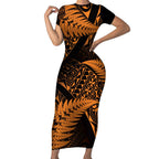 New Zealand Rugby Pacific Personalised Short Sleeve Bodycon Dress All Gold Maori Pasifika Fern Pattern