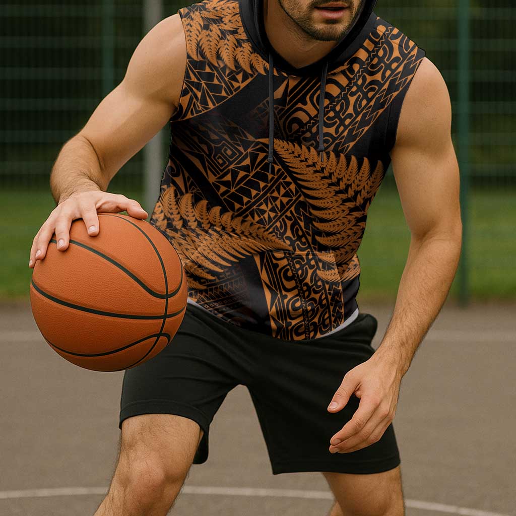 New Zealand Rugby Pacific Personalised Sleeveless Hoodie All Gold Maori Pasifika Fern Pattern - Aussie Hoodie