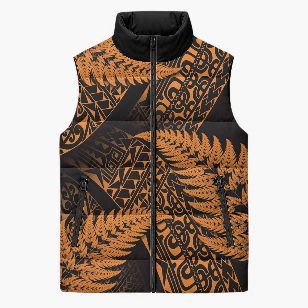 New Zealand Rugby Pacific Personalised Sleeveless Puffer Jacket All Gold Maori Pasifika Fern Pattern - Aussie Hoodie