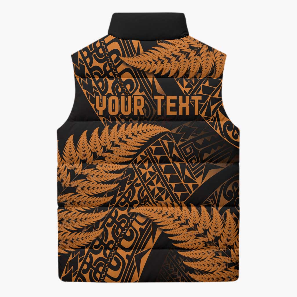 New Zealand Rugby Pacific Personalised Sleeveless Puffer Jacket All Gold Maori Pasifika Fern Pattern - Aussie Hoodie