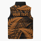 New Zealand Rugby Pacific Personalised Sleeveless Puffer Jacket All Gold Maori Pasifika Fern Pattern - Aussie Hoodie