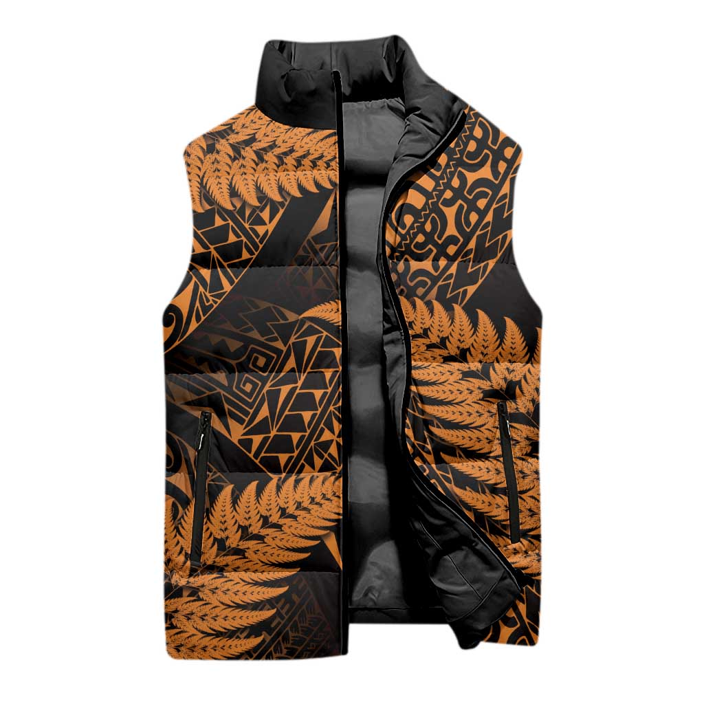New Zealand Rugby Pacific Personalised Sleeveless Puffer Jacket All Gold Maori Pasifika Fern Pattern - Aussie Hoodie