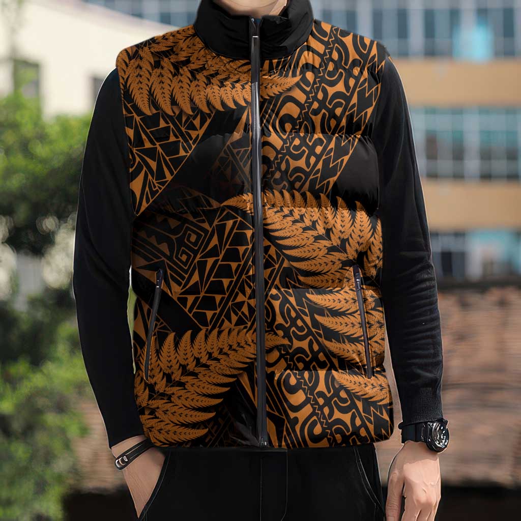 New Zealand Rugby Pacific Personalised Sleeveless Puffer Jacket All Gold Maori Pasifika Fern Pattern - Aussie Hoodie