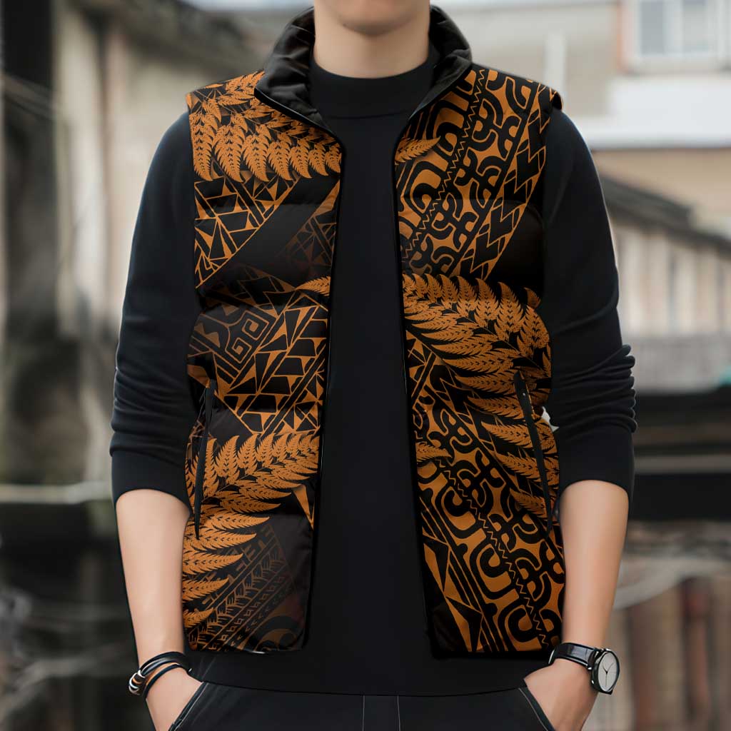 New Zealand Rugby Pacific Personalised Sleeveless Puffer Jacket All Gold Maori Pasifika Fern Pattern - Aussie Hoodie