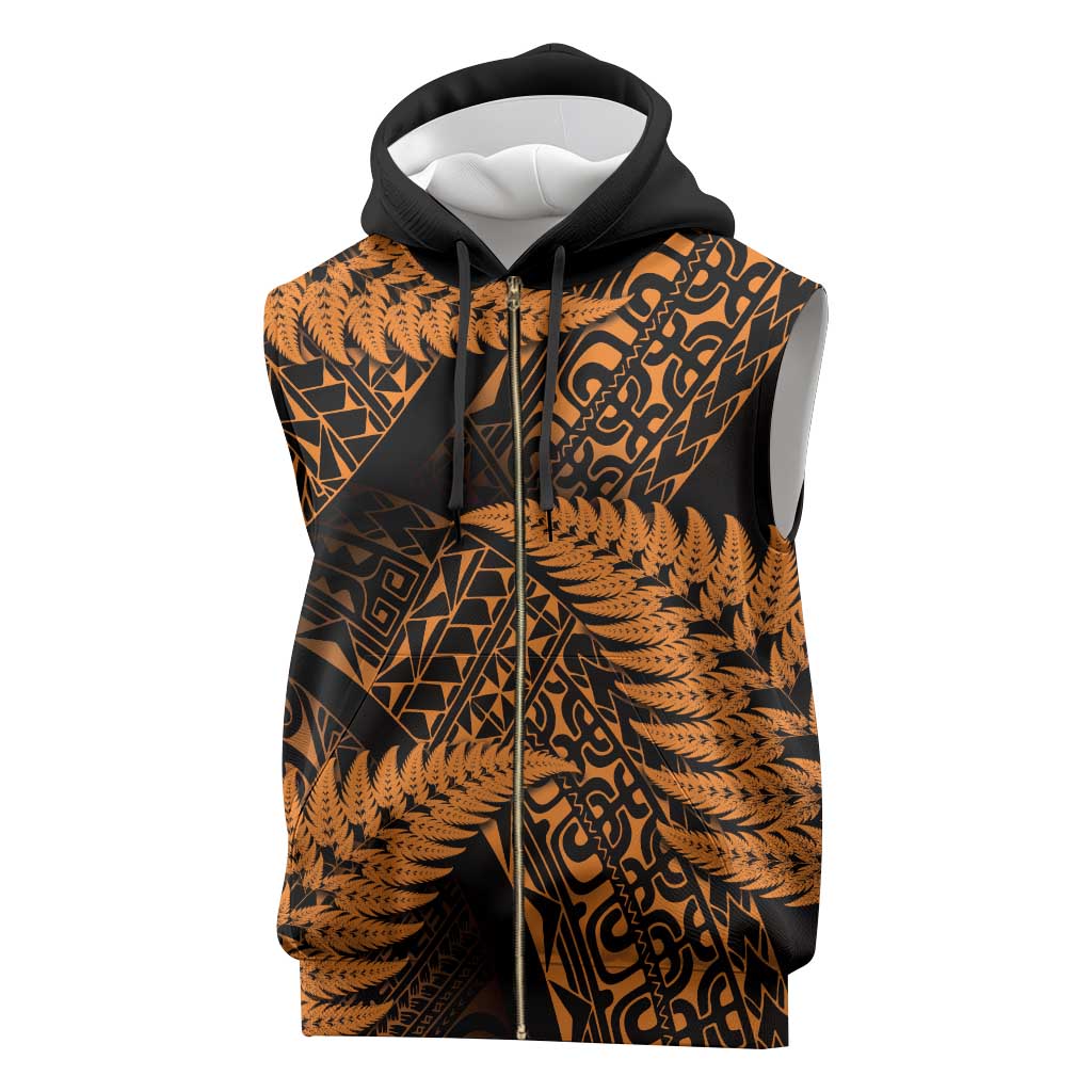 New Zealand Rugby Pacific Personalised Sleeveless Zip Hoodie All Gold Maori Pasifika Fern Pattern - Aussie Hoodie