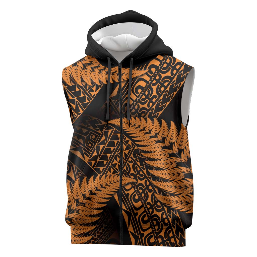 New Zealand Rugby Pacific Personalised Sleeveless Zip Hoodie All Gold Maori Pasifika Fern Pattern LT9