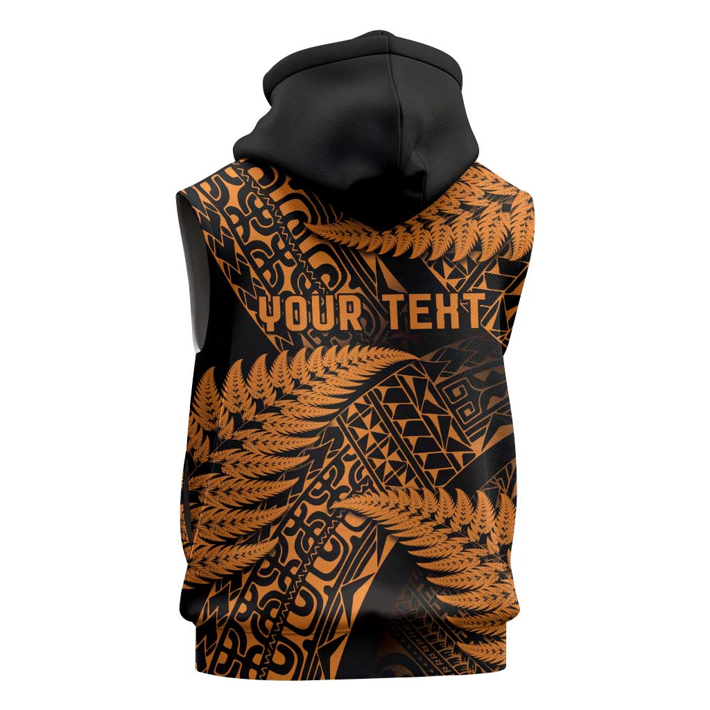 New Zealand Rugby Pacific Personalised Sleeveless Zip Hoodie All Gold Maori Pasifika Fern Pattern - Aussie Hoodie