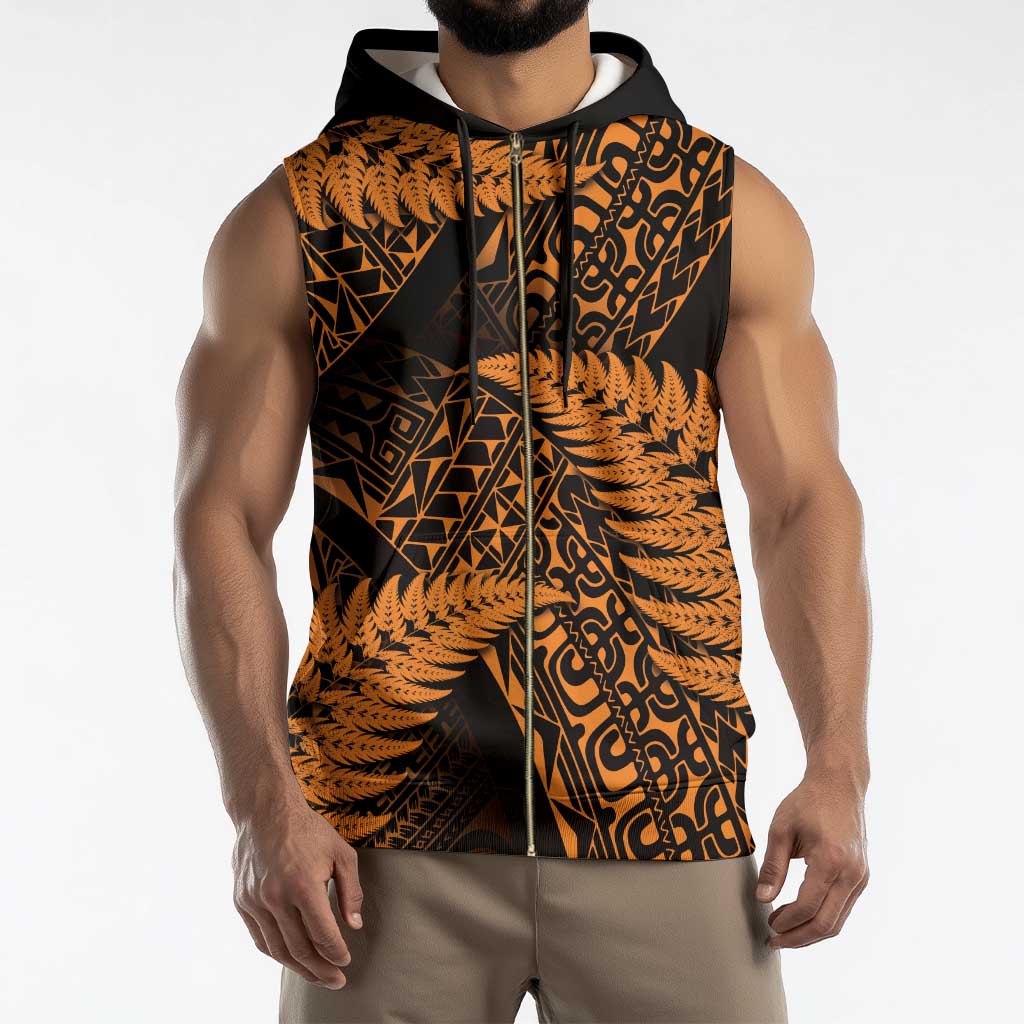 New Zealand Rugby Pacific Personalised Sleeveless Zip Hoodie All Gold Maori Pasifika Fern Pattern - Aussie Hoodie