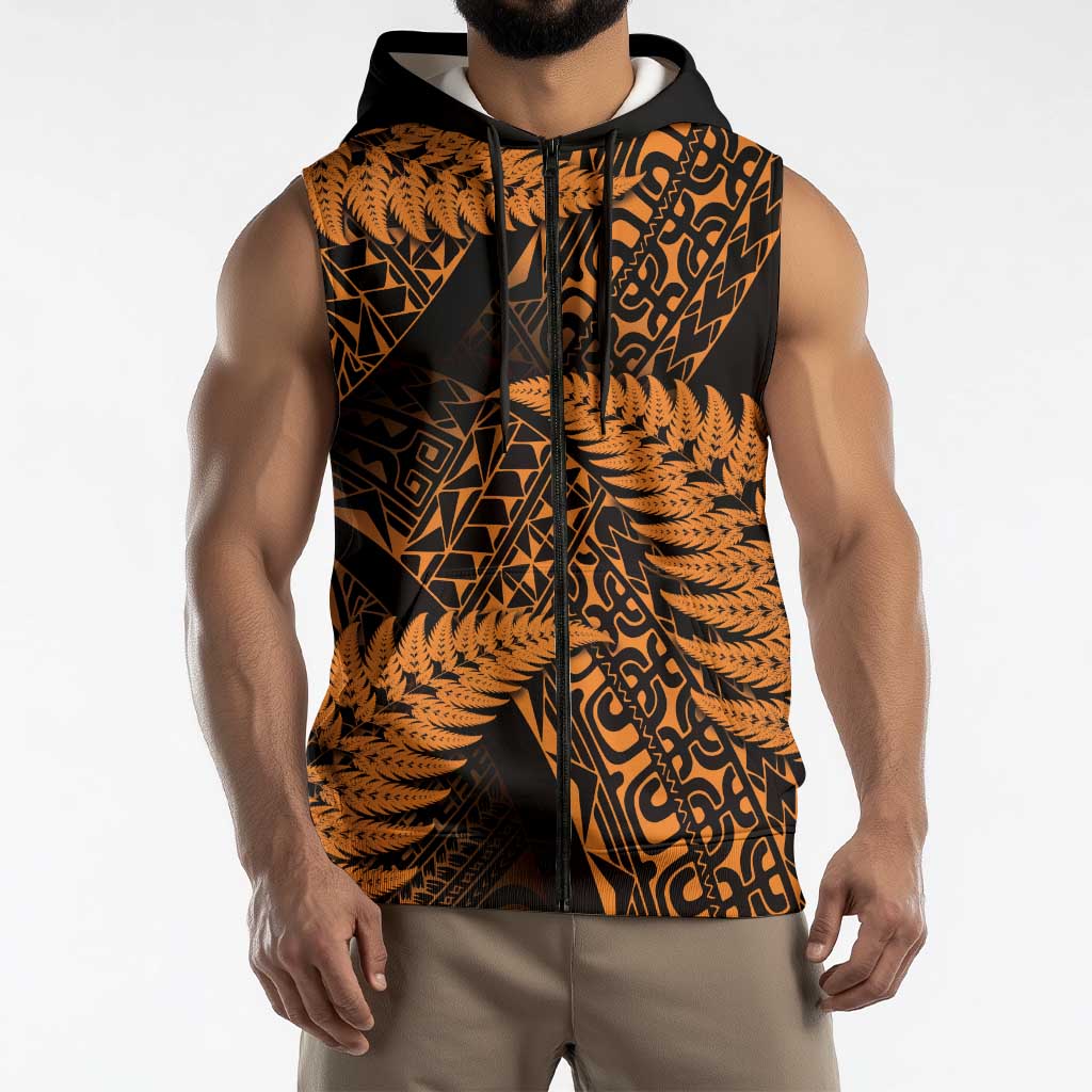 New Zealand Rugby Pacific Personalised Sleeveless Zip Hoodie All Gold Maori Pasifika Fern Pattern LT9